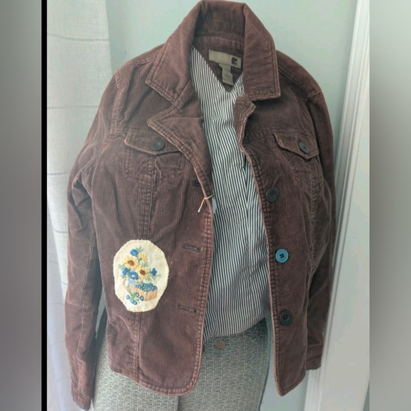 Jacket, Brown Corduroy W/ Vintage Crewel Applique - Picture 3 of 5